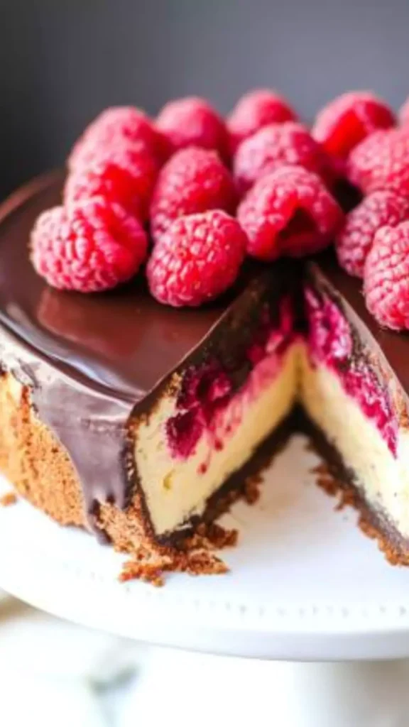 Easy Cheesecake with chocolate ganache and raspberries
