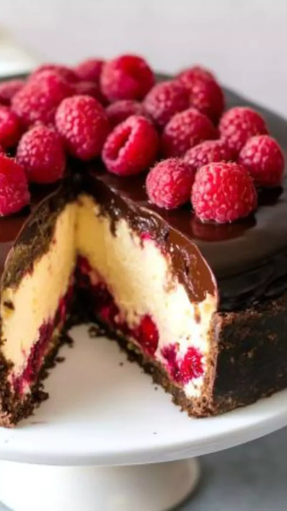 Cheesecake with chocolate ganache and raspberries
